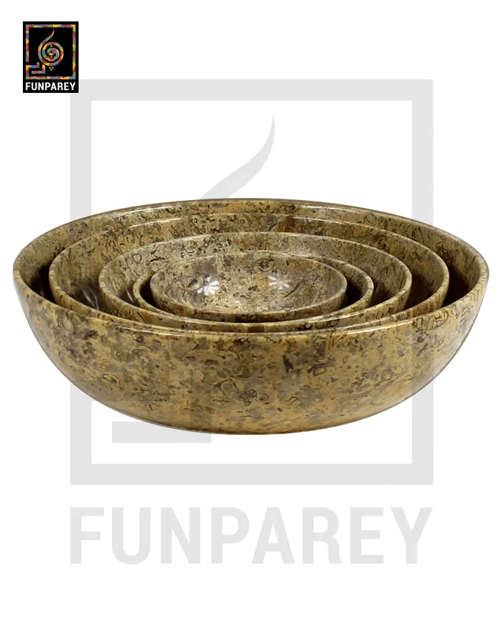 Coral Stone Bowl Set 7 Pieces with Embedded Fossil