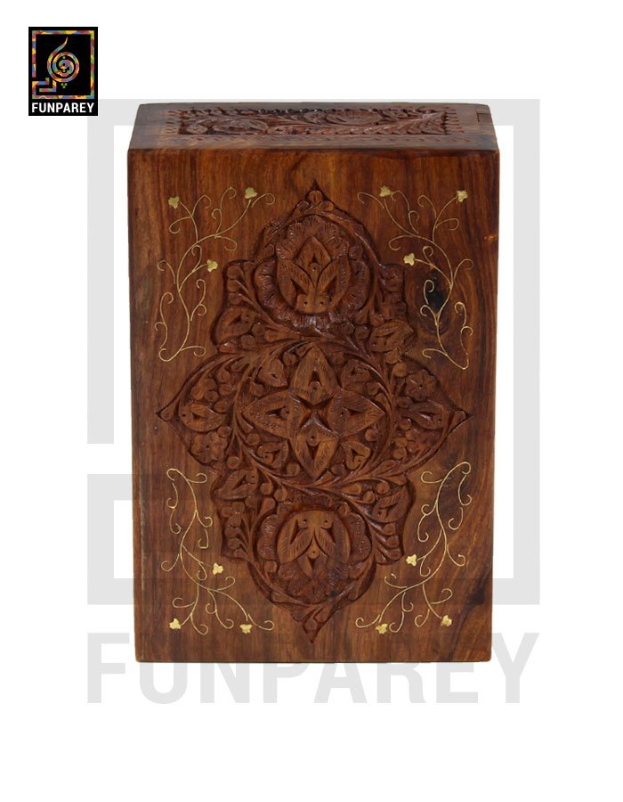 Hand Carved Wooden Storage Box With Secret Lock and Brass Work 8/12
