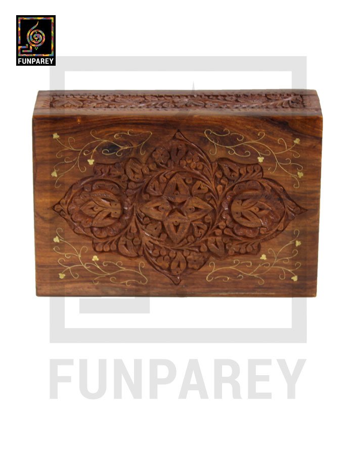 Hand Carved Wooden Storage Box With Secret Lock and Brass Work 8/12