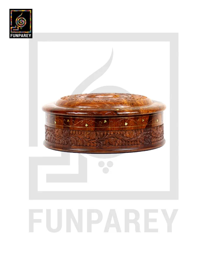 Hand Carved Wooden Hot Pot 12" With Brass Work and Partition Maker