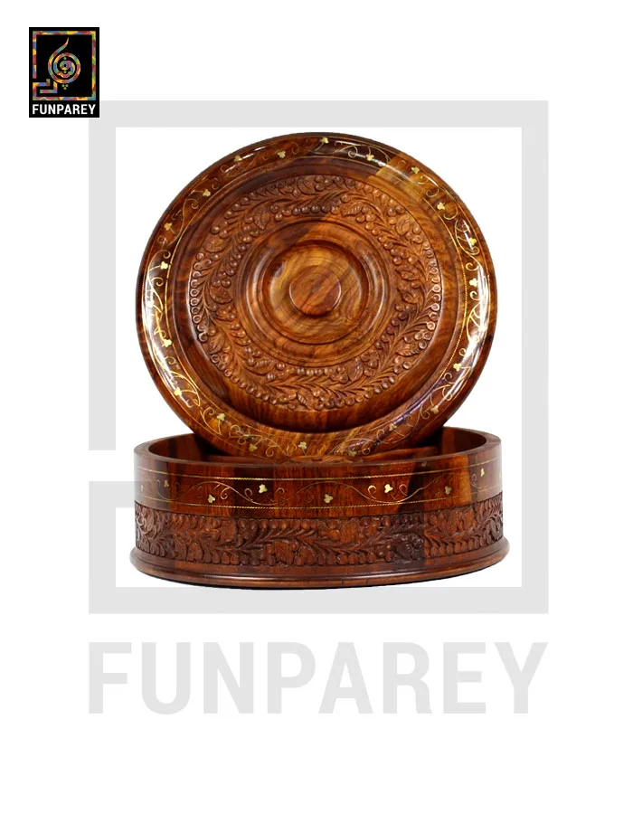 Hand Carved Wooden Hot Pot 12" With Brass Work and Partition Maker