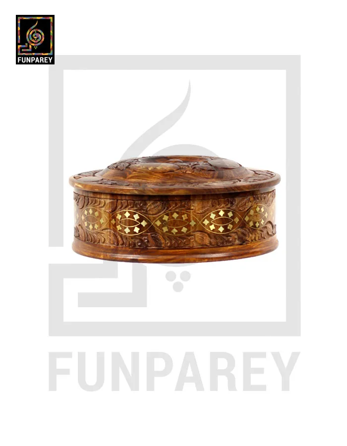 Hand Carved Wooden Hot Pot 12" With Brass Work and Partition Maker