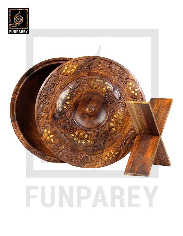 Hand Carved Wooden Hot Pot 12" With Brass Work and Partition Maker