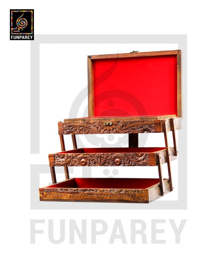 Hand Carved Wooden Premium 3 Tiered Trinket Box 9/13