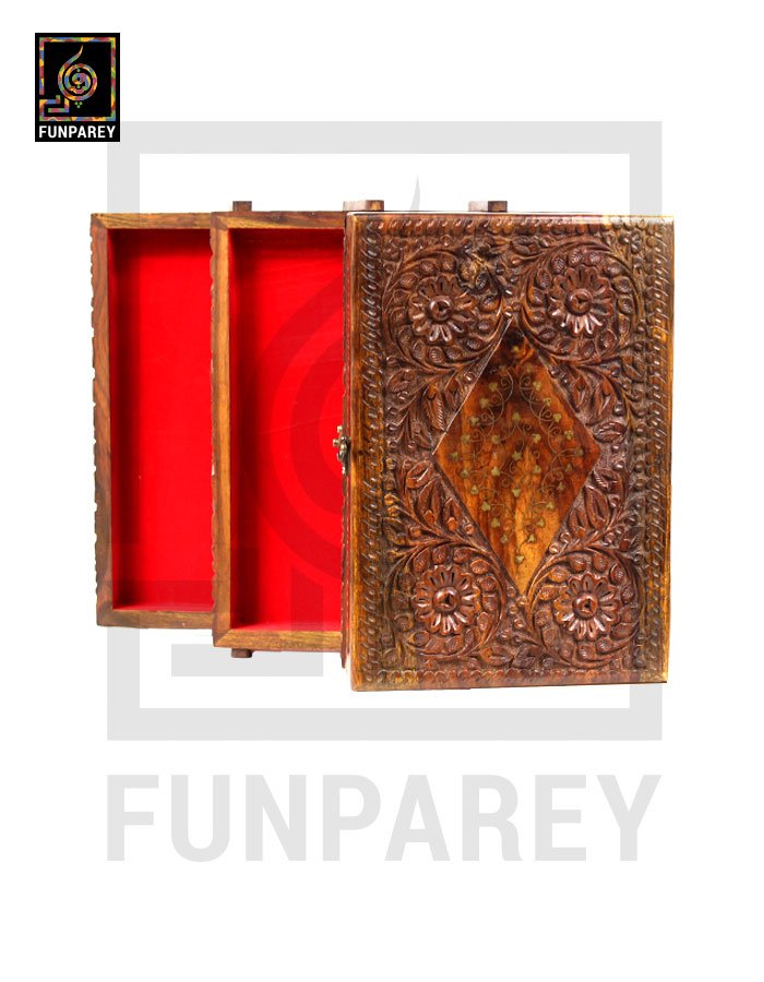 Hand Carved Wooden Premium 3 Tiered Trinket Box 9/13