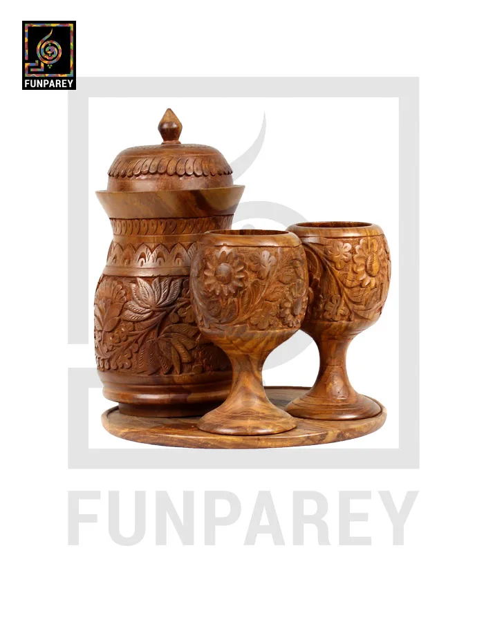 Hand Carved Wooden Jug and Goblet Set