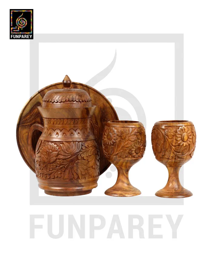 Hand Carved Wooden Jug and Goblet Set