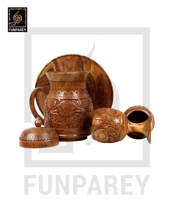 Hand Carved Wooden Jug and Goblet Set