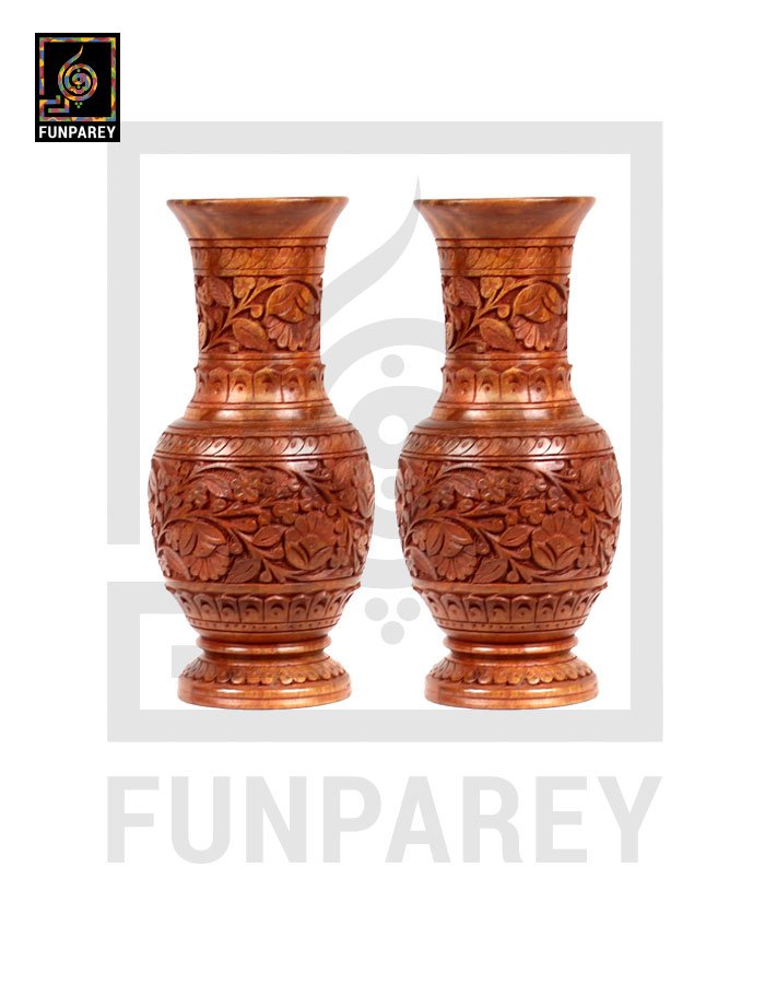 Hand Carved Wooden Pear Shaped Heavy Vase Pair 12"