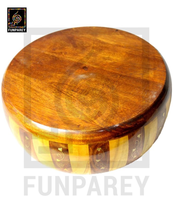 Wooden Hot Pot 12" Round With checkered design And Brass Work