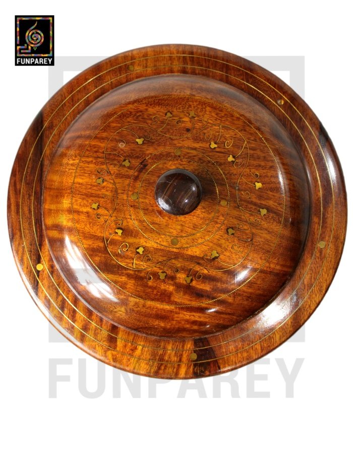 Wooden Hot Pot 12" Round With checkered design And Brass Work
