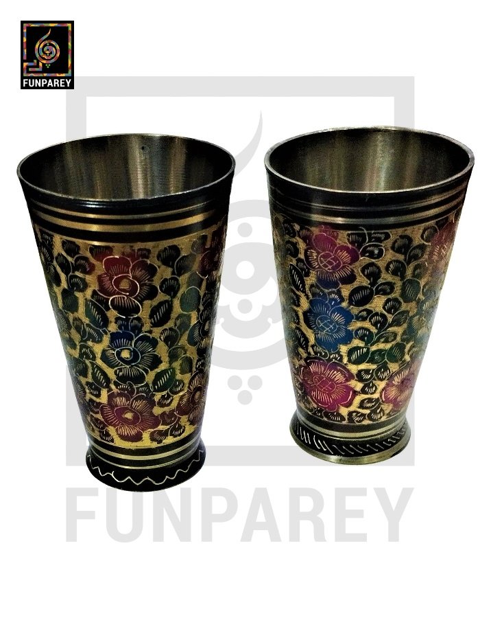 Antique Brass Glass Pair with Deco Work (Pair)