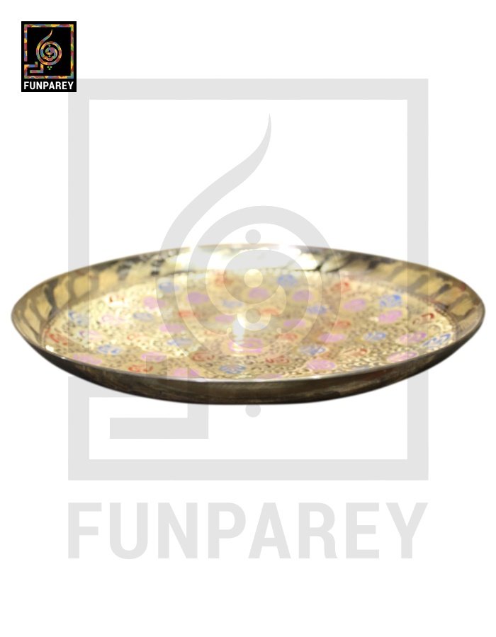 Handmade 12" Brass Fancy Saucer with Multicolor Motif