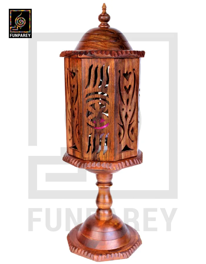 Hand Carved Wooden Cutwork Lamp Octagon Large With Stand