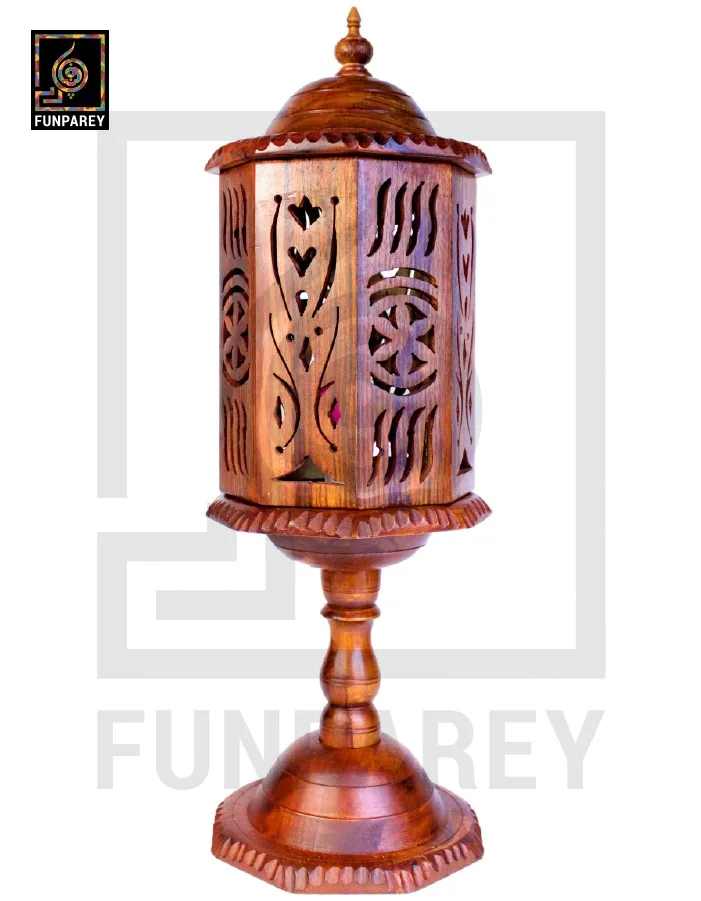 Hand Carved Wooden Cutwork Lamp Octagon Large With Stand