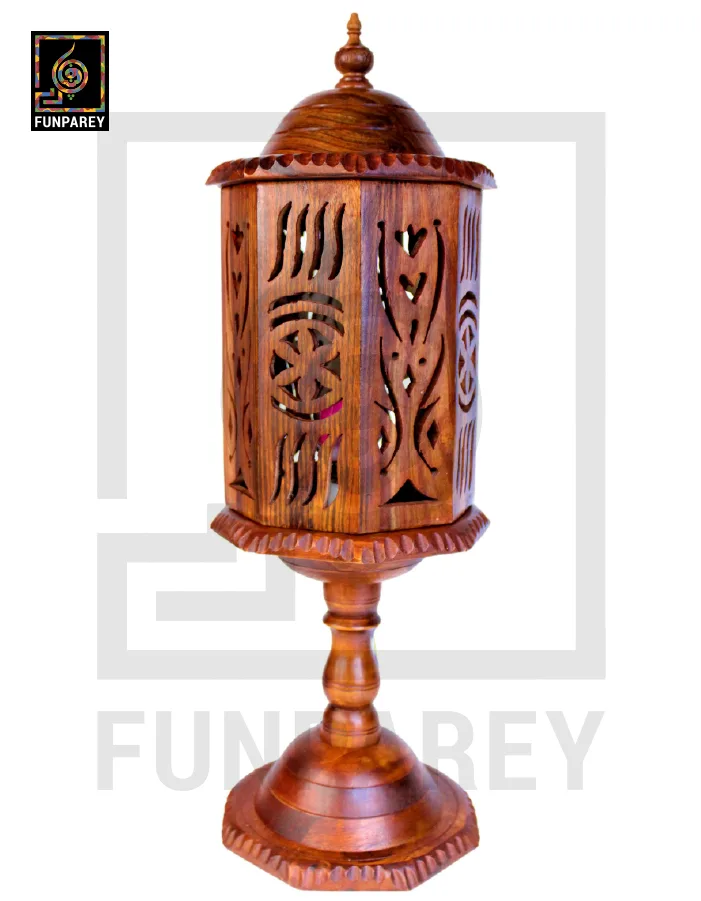 Hand Carved Wooden Cutwork Lamp Octagon Large With Stand