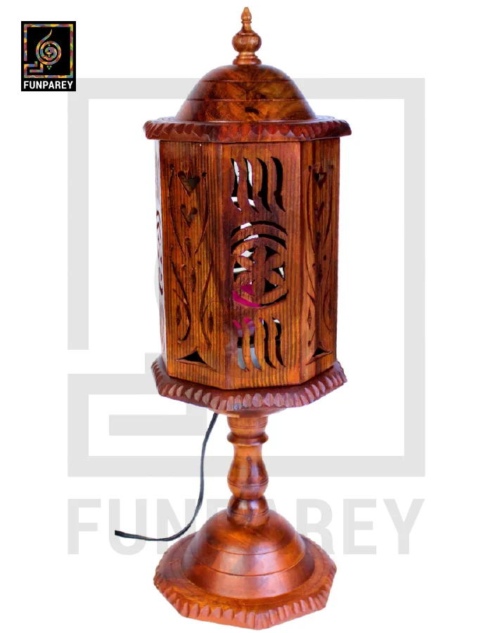 Hand Carved Wooden Cutwork Lamp Octagon Large With Stand