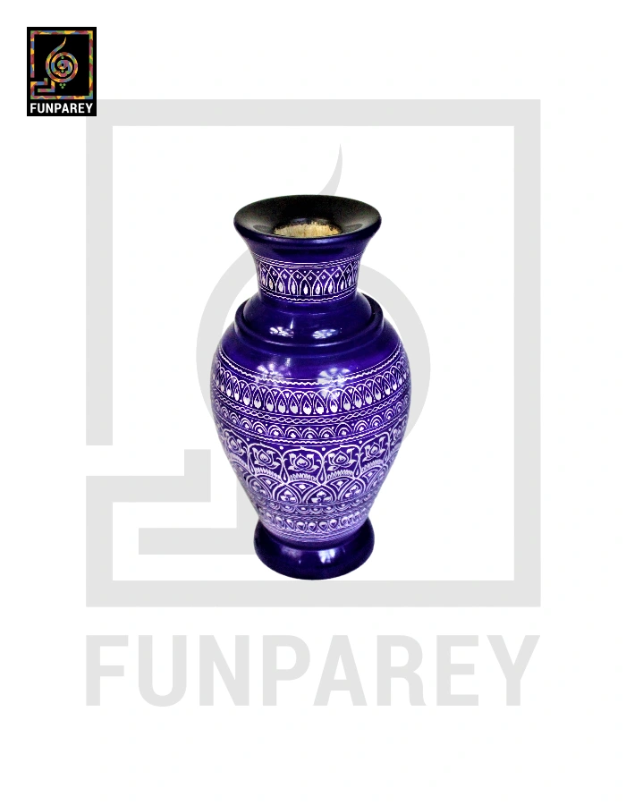 Wooden Vase 10" with Nakshi Art Blue Pottery Dark
