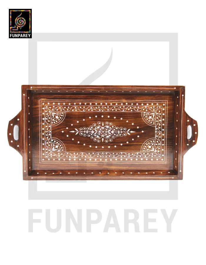 Handmade Wooden Tray Large 24" With White Plastic Work (Single)