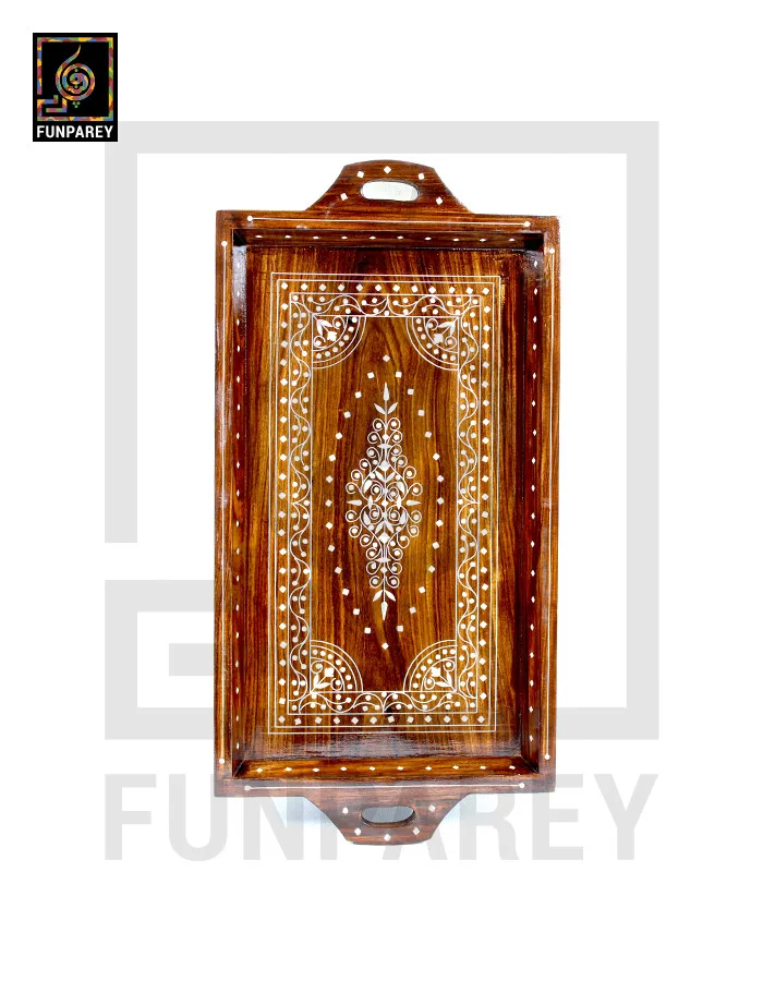 Handmade Wooden Tray Large 24" With White Plastic Work (Single)