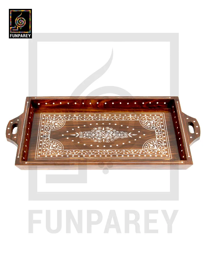 Handmade Wooden Tray Large 24" With White Plastic Work (Single)