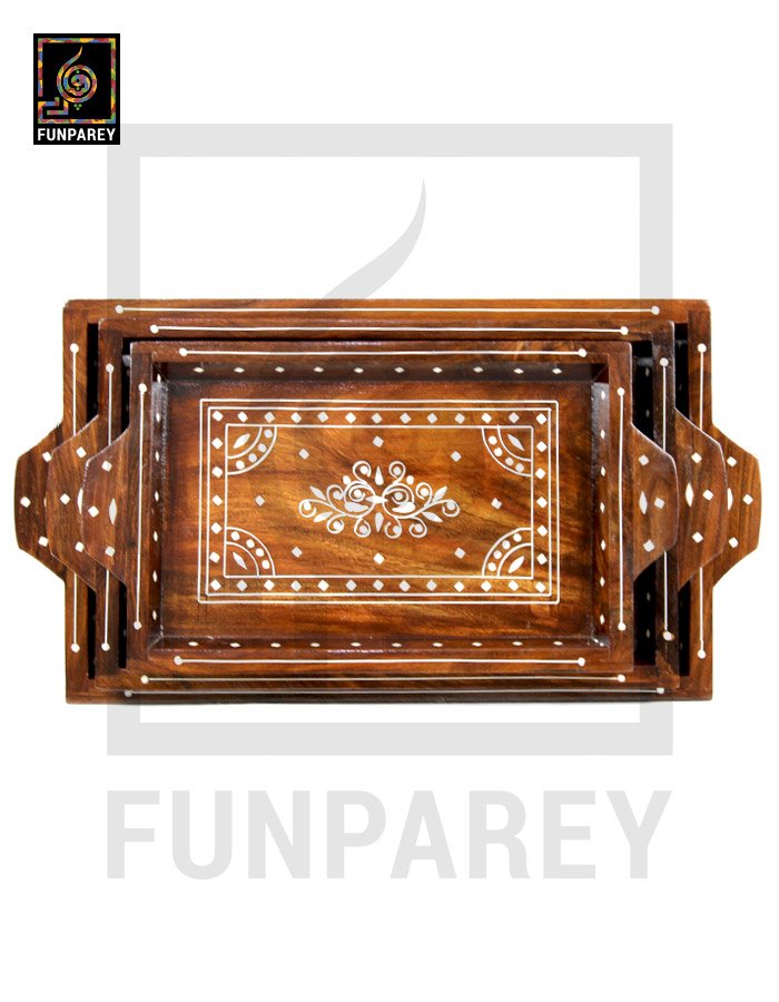 Handmade Wooden Tray Set With White Plastic Work (3 Trays)