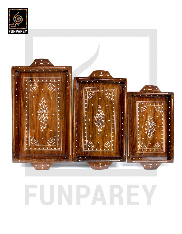 Handmade Wooden Tray Set With White Plastic Work (3 Trays)