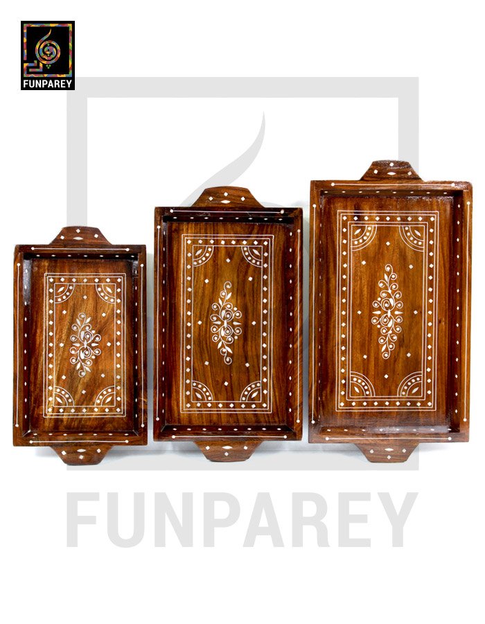 Handmade Wooden Tray Set With White Plastic Work (3 Trays)
