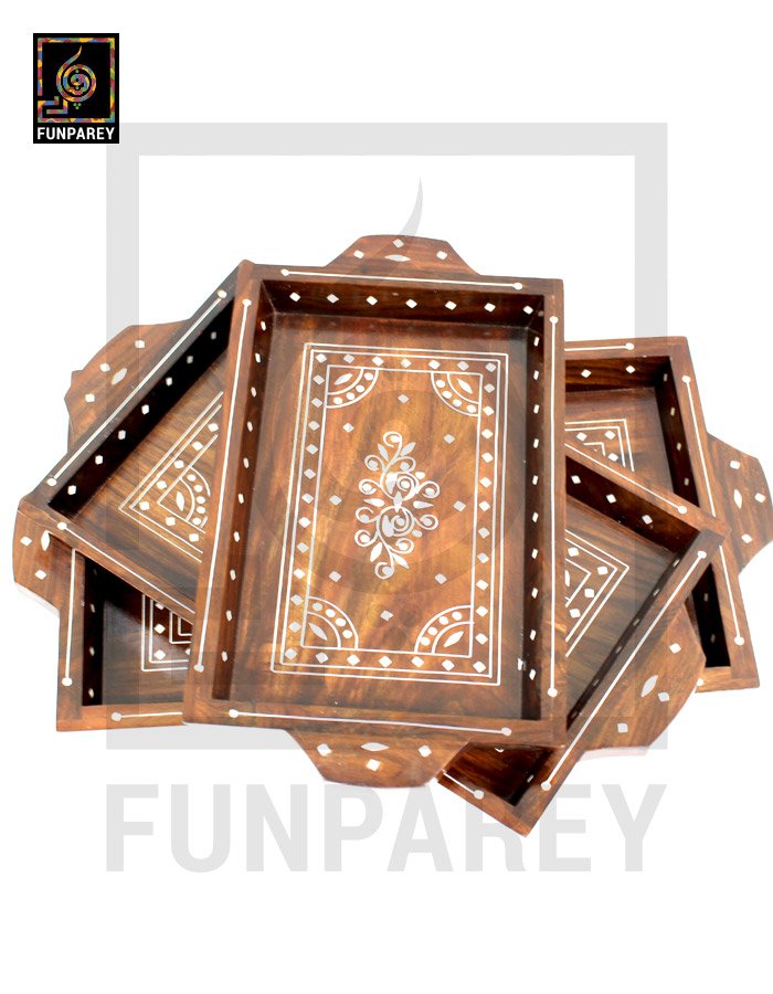Handmade Wooden Tray Set With White Plastic Work (3 Trays)