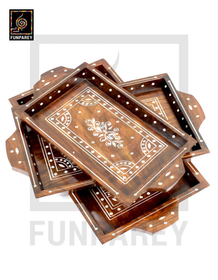 Handmade Wooden Tray Set With White Plastic Work (3 Trays)