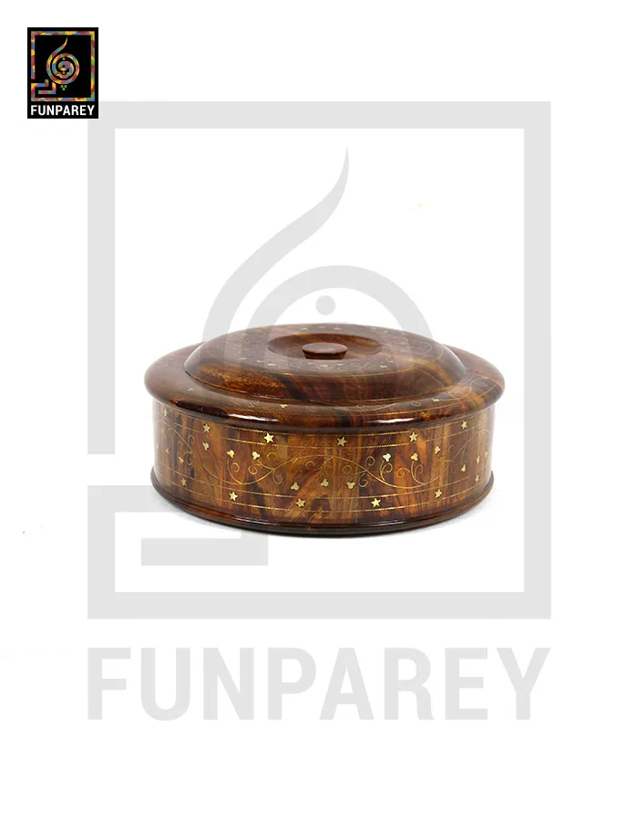 Wooden Hot Pot 12" Cylindrical with Brass Work