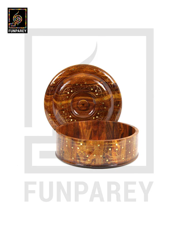 Wooden Hot Pot 12" Cylindrical with Brass Work