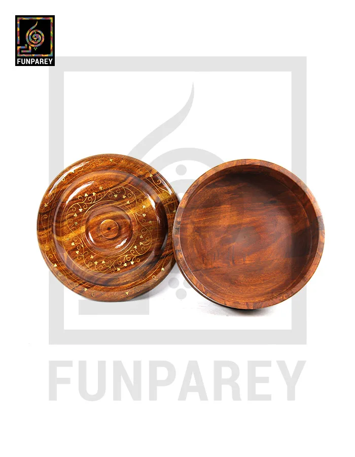 Wooden Hot Pot 12" Cylindrical with Brass Work