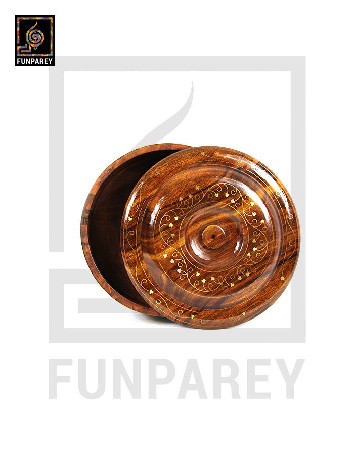 Wooden Hot Pot 12" Cylindrical with Brass Work