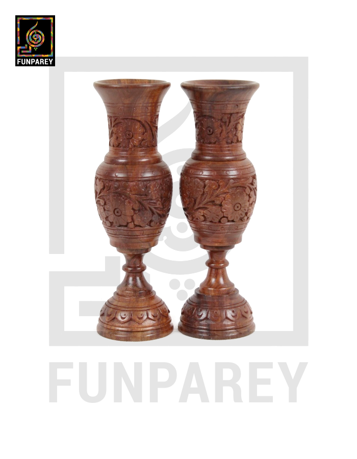 Hand Carved 12" Distinct Wooden Vase Pair