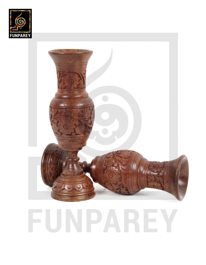 Hand Carved 12" Distinct Wooden Vase Pair
