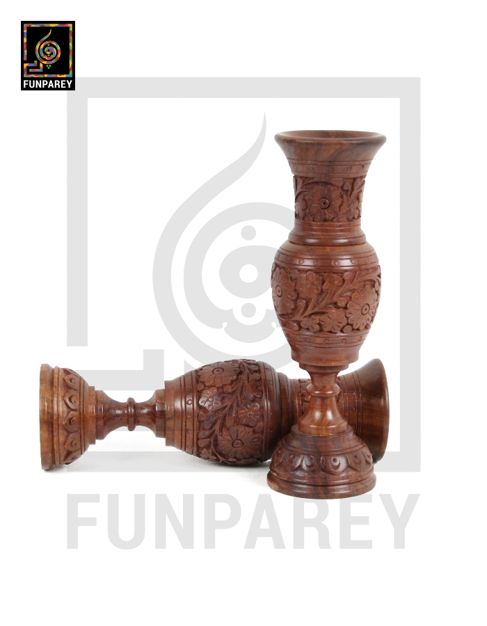Hand Carved 12" Distinct Wooden Vase Pair