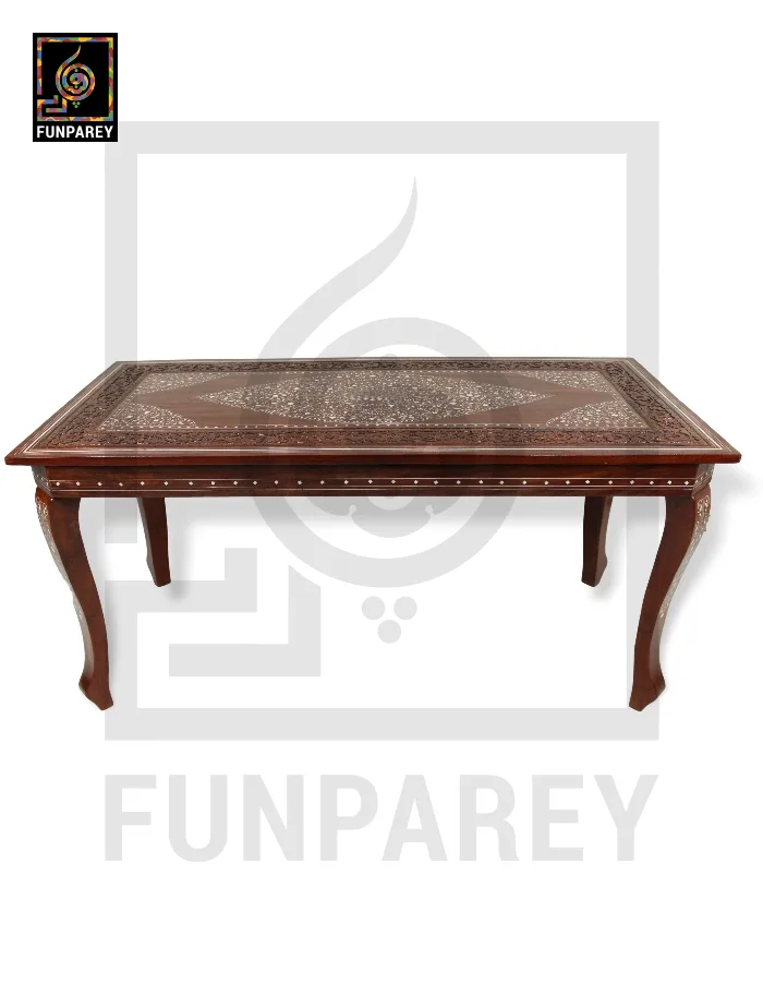 Antique Center Table With Carving and White Fiber Work 42x20"