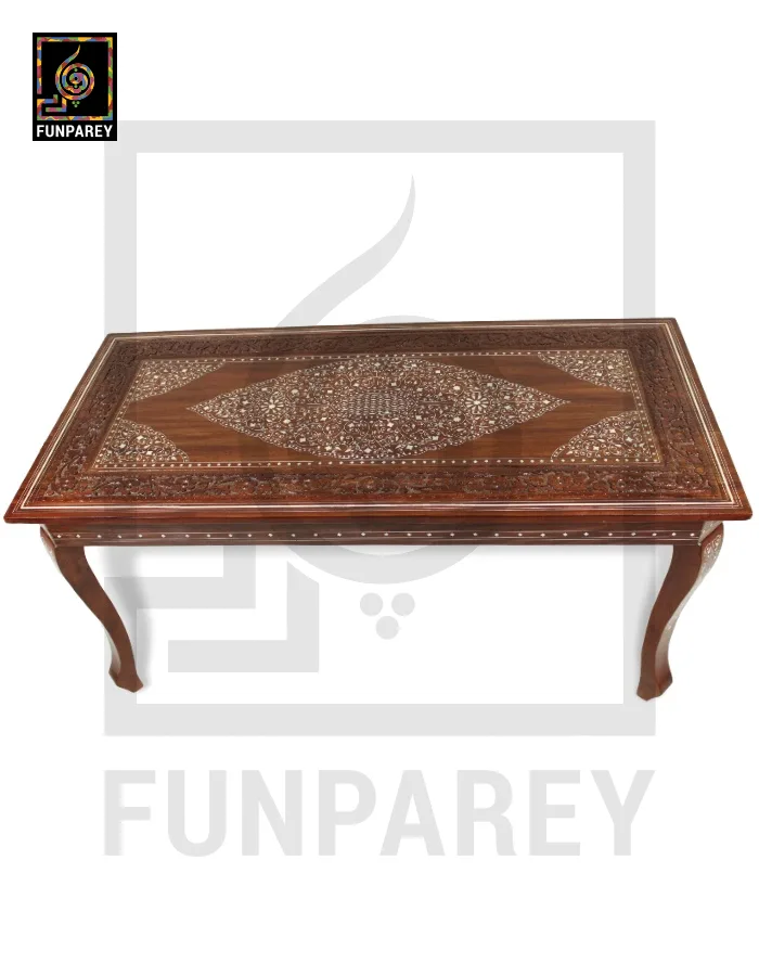 Antique Center Table With Carving and White Fiber Work 42x20"