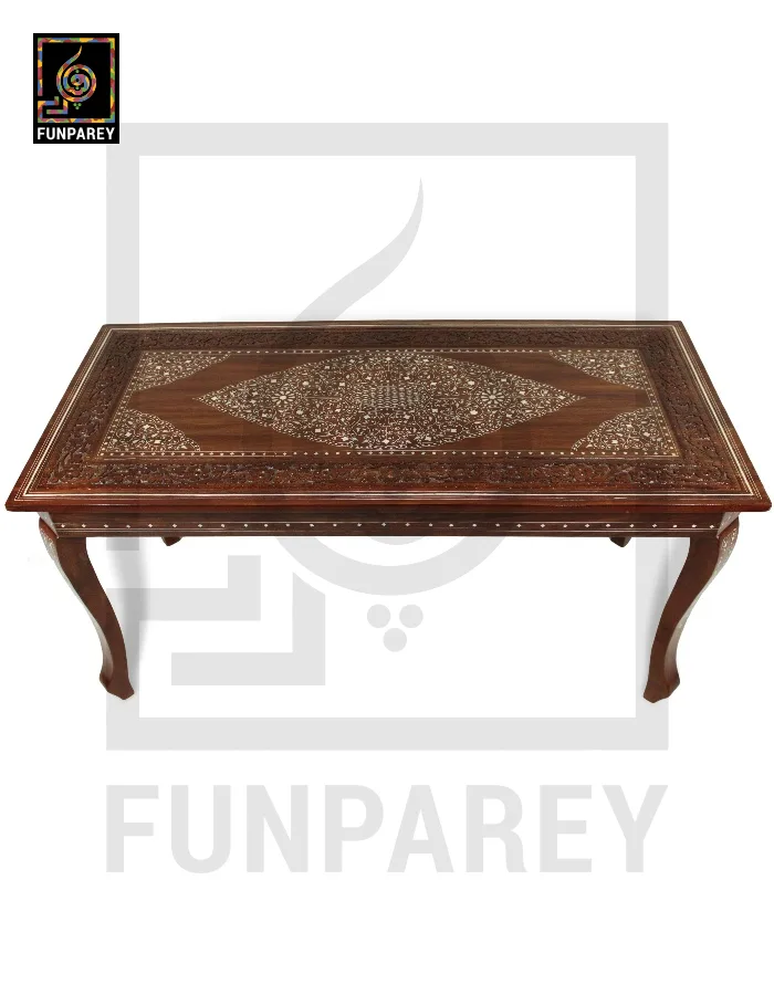 Antique Center Table With Carving and White Fiber Work 42x20"