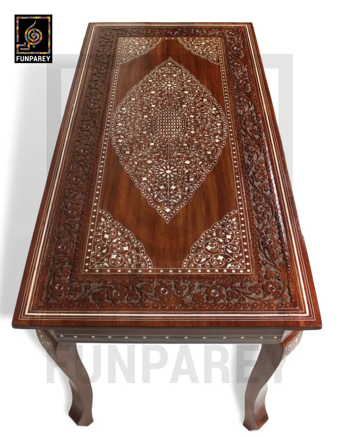 Antique Center Table With Carving and White Fiber Work 42x20"