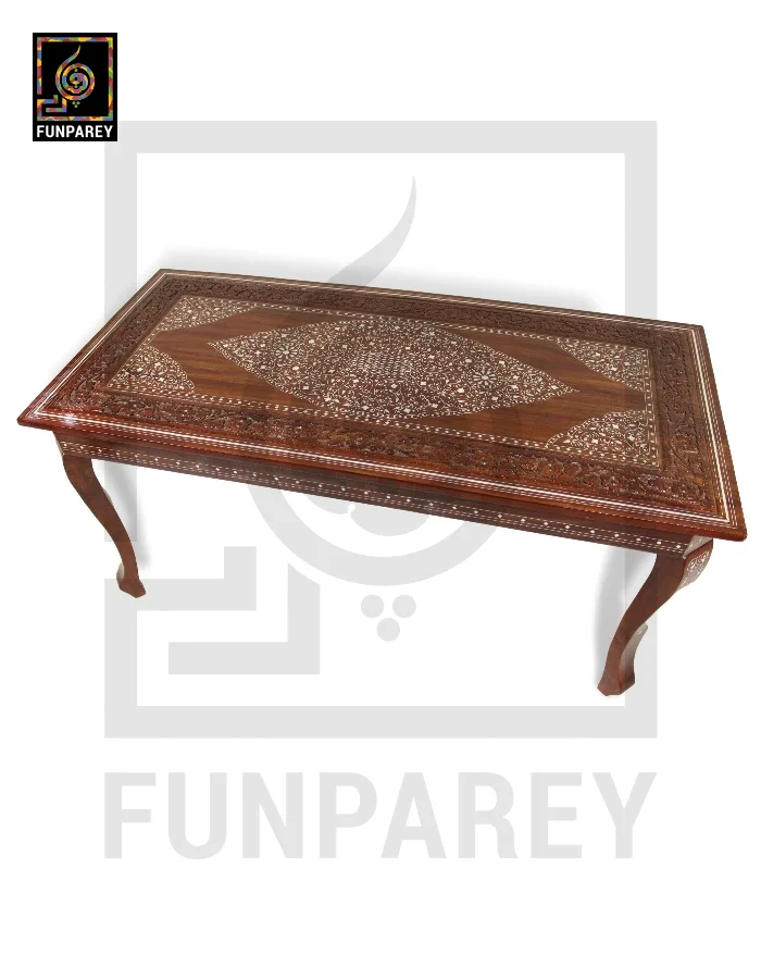 Antique Center Table With Carving and White Fiber Work 42x20"