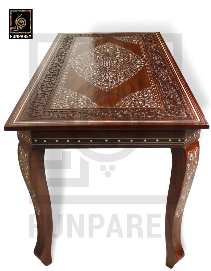 Antique Center Table With Carving and White Fiber Work 42x20"