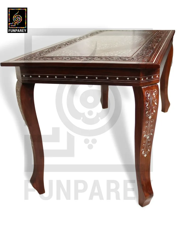 Antique Center Table With Carving and White Fiber Work 42x20"