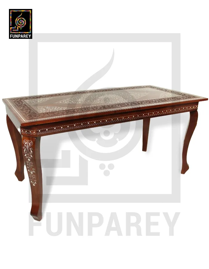 Antique Center Table With Carving and White Fiber Work 42x20"