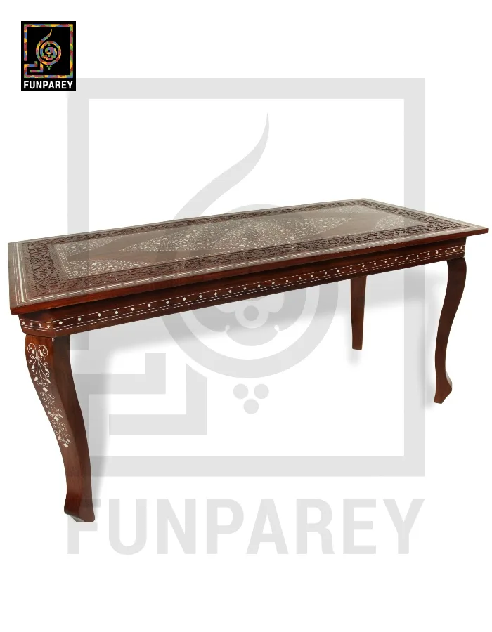 Antique Center Table With Carving and White Fiber Work 42x20"