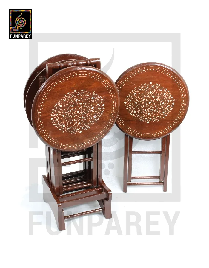 Handmade Wooden Picnic Table Set Round with Fiber Inlay