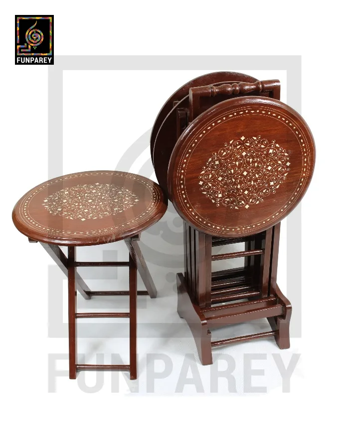 Handmade Wooden Picnic Table Set Round with Fiber Inlay