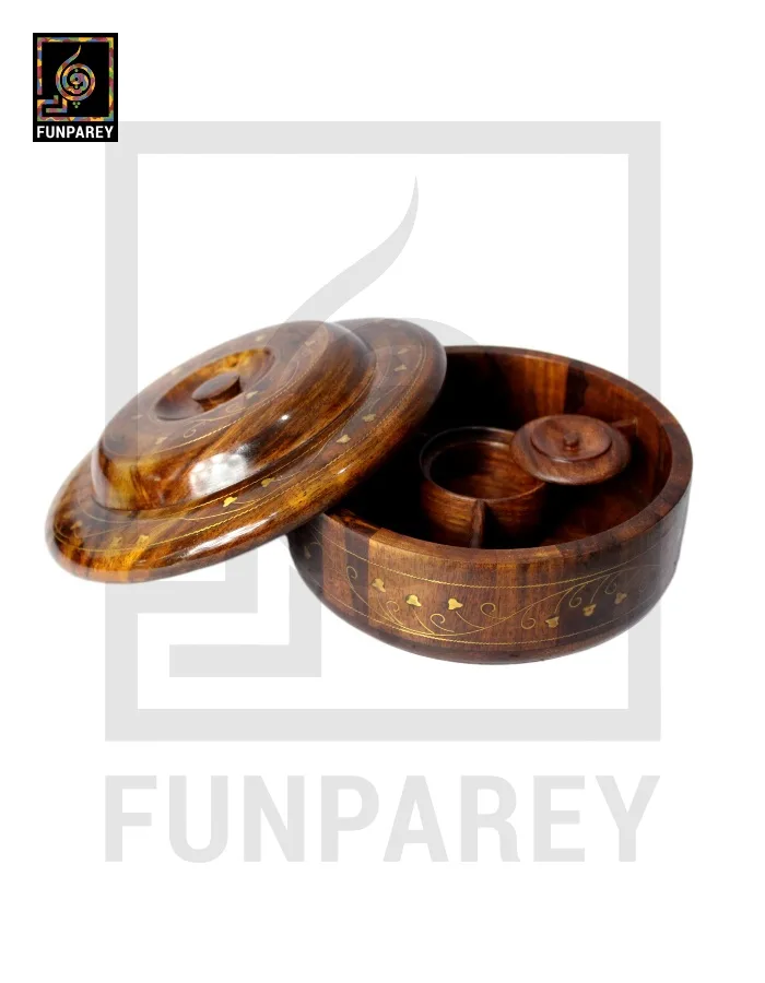 Premium Wooden Dry Fruit Bowl Set With Brass Work (3 Pieces)