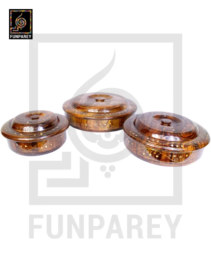 Premium Wooden Dry Fruit Bowl Set With Brass Work (3 Pieces)